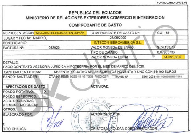Autorización del Ministerio de Relaciones Exteriores de Ecuador para los pagos a Intecon Iberoamérica SLU.