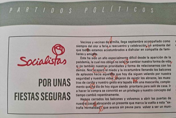 Nota del PSOE en el periódico local de Armillas.