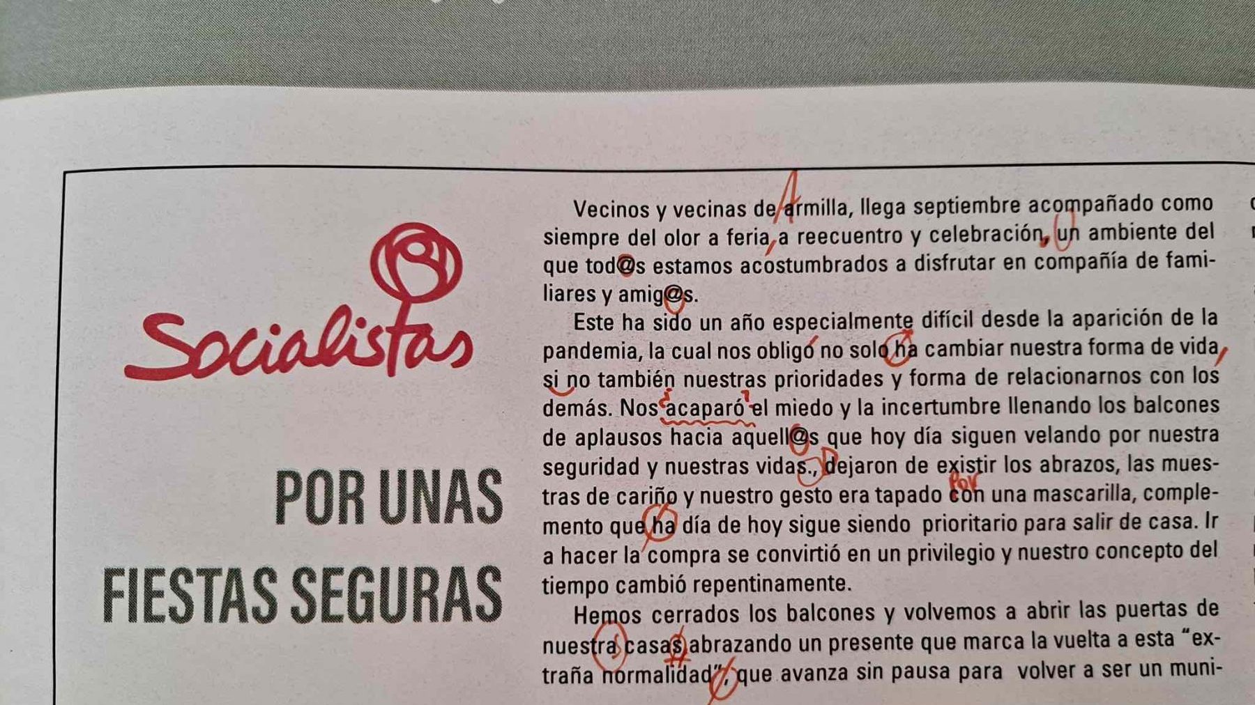 Nota del PSOE en el periódico local de Armillas.