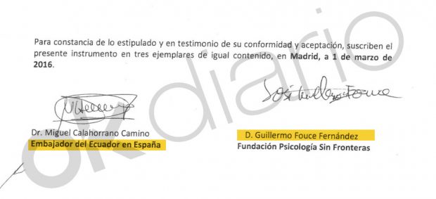 Firma del embajador ecuatoriano Miguel Calahorrano en el primer contrato con el socialista Guillermo Fouce.