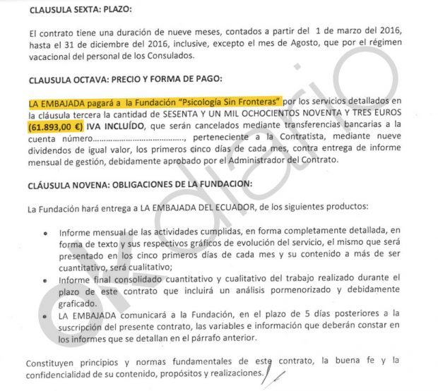 Pago de 61.893 euros de la Embajada de Ecuador en España y Psicología Sin Fronteras en 2016.