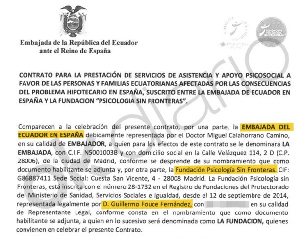 Contrato suscrito entre la Embajada de Ecuador en España y la consultora psicológica de Guillermo Fouce en 2016.