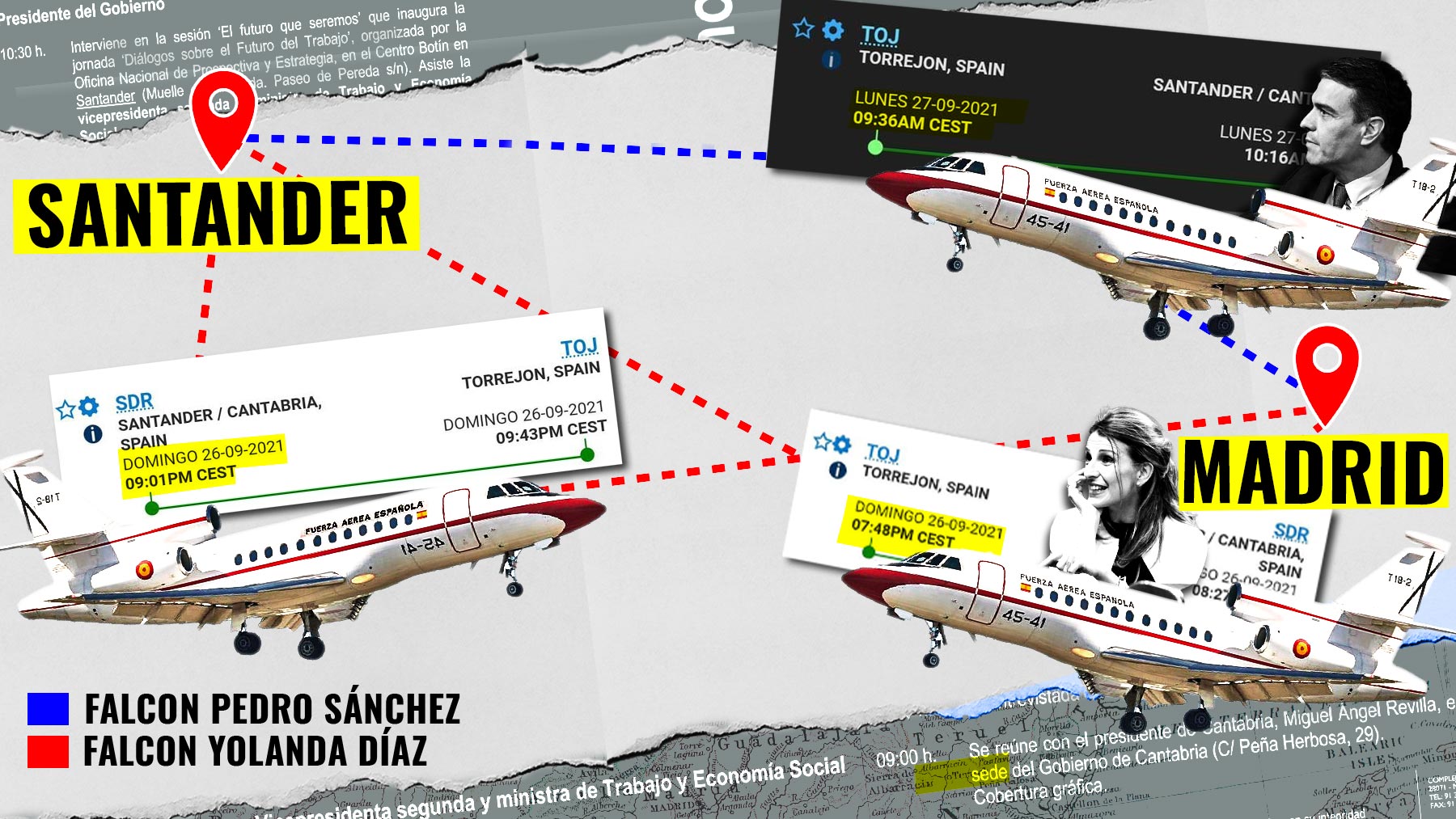 Sánchez y Díaz usan dos Falcon distintos para ir a Santander