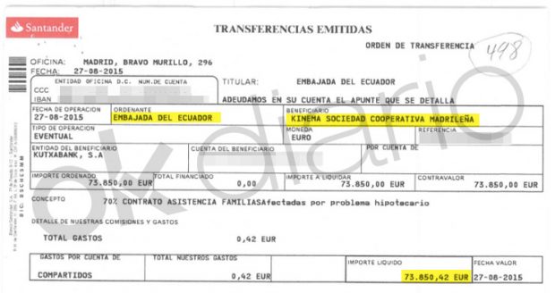 Transferencia bancaria de 73.000 euros a Kinema en 2015.
