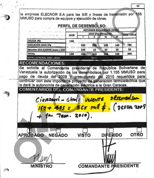 Hugo Chávez escribe de su puño y letra el desvío por adelantado de 362 millones de euros a empresas españolas