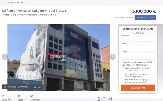 El edificio de la calle Miguel Fleta se vende por 3,1 millones, casi el doble de lo que costó