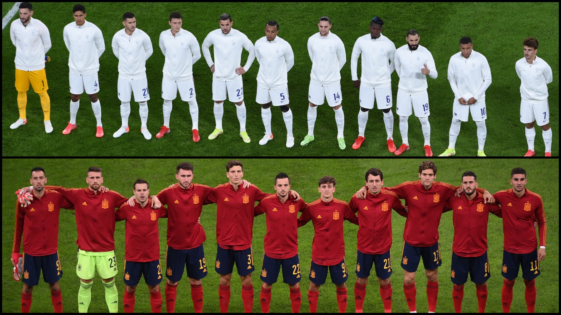 Los jugadores de España y Francia posan en el momento del himno.