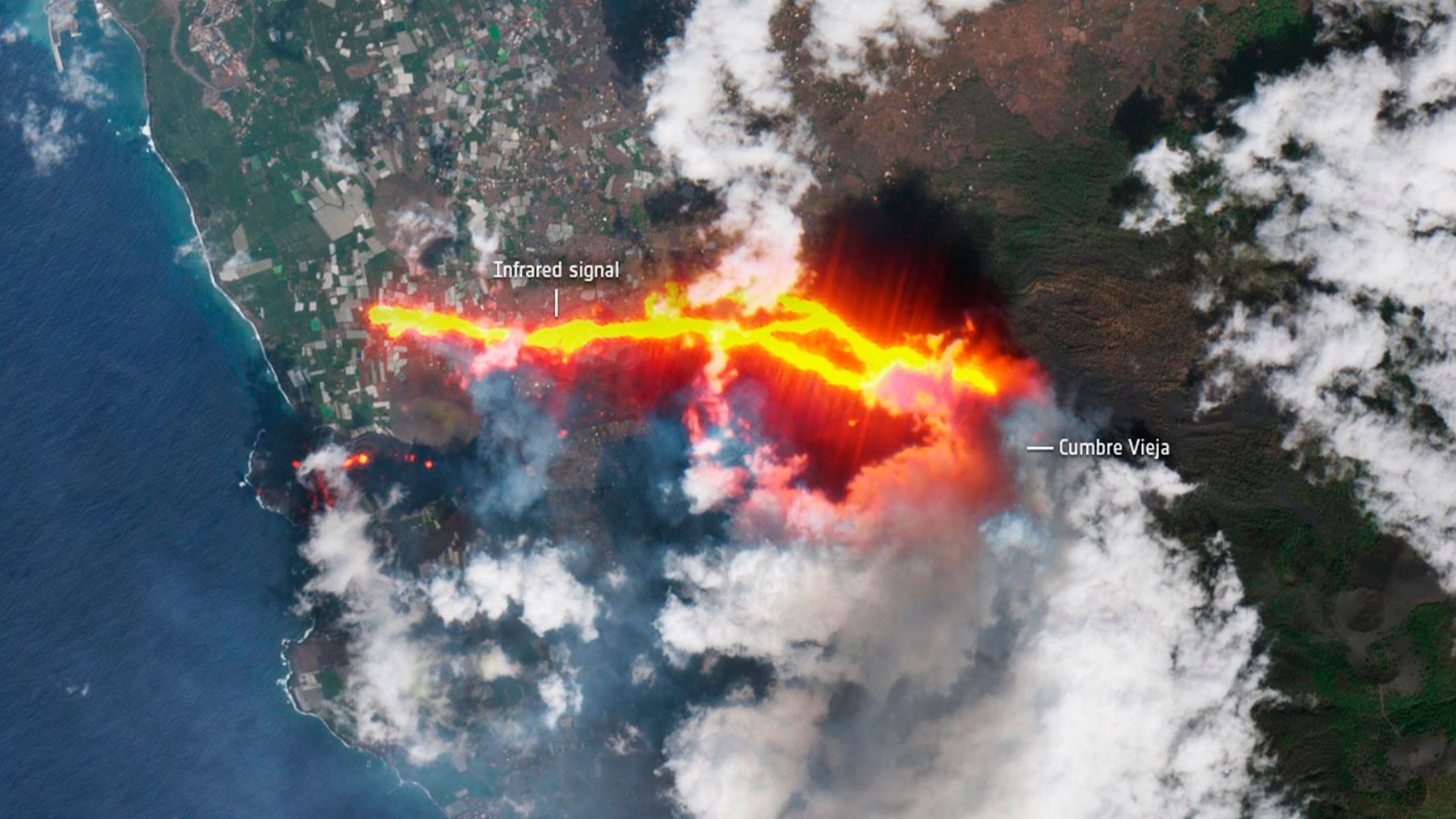 Imagen de la nueva colada de lava en La Palma tomada desde un satélite