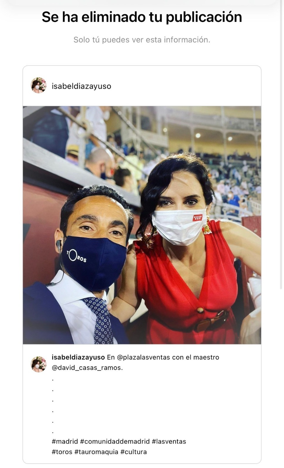Instagram censura a Díaz Ayuso por colgar esta foto tomada en Las Ventas