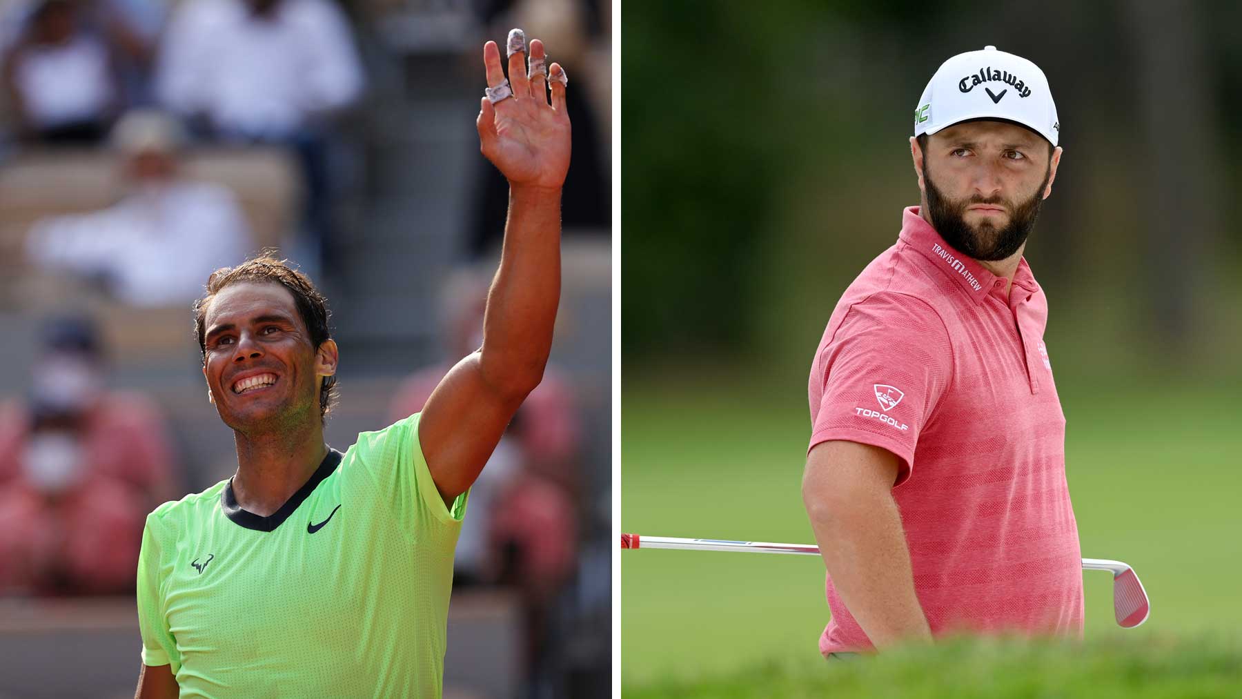 A la izquierda, Nadal tras ganar un partido; a la derecha, Jon Rahm (Getty)