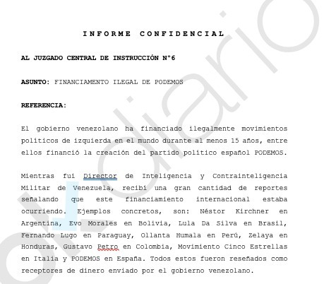 Encabezado del informe entregado por 'El Pollo' Carvajal