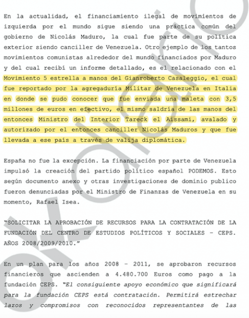 'Informe Confidencial' aportado por Hugo 'El Pollo' Carvajal al juez.