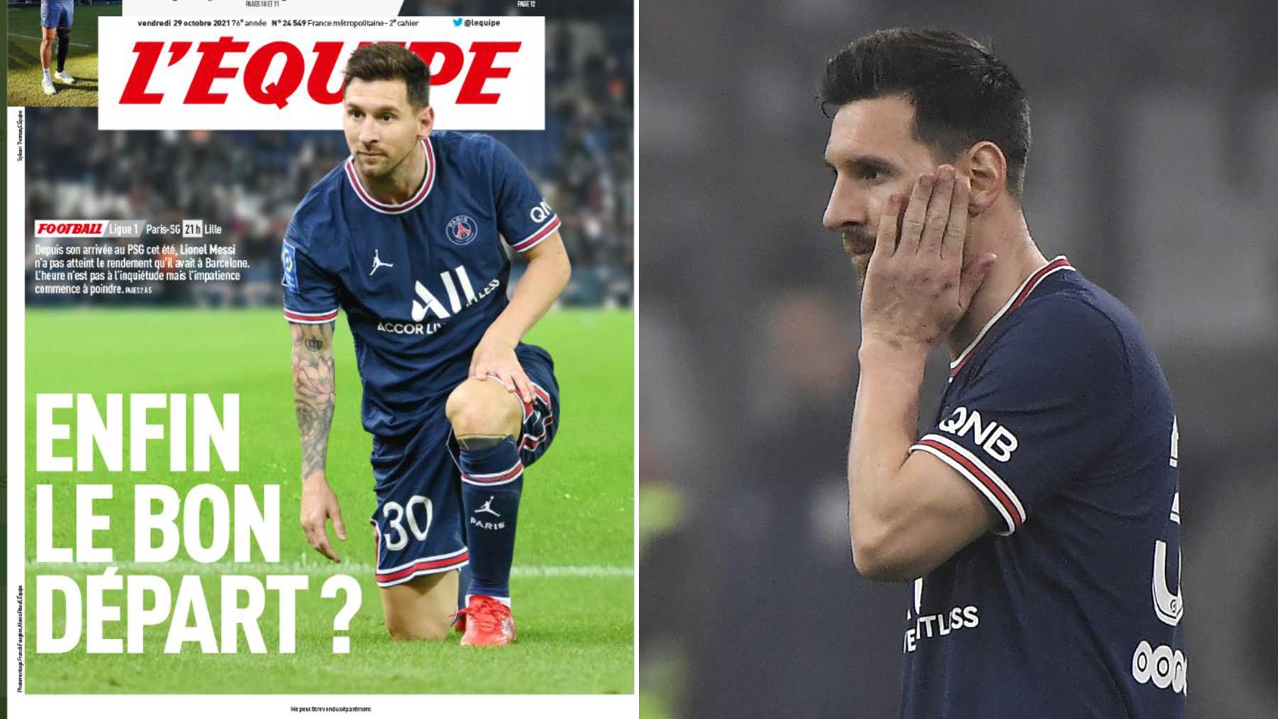 Portada del diario ‘L’Equipe’ y Leo Messi durante un partido con el PSG (AFP)