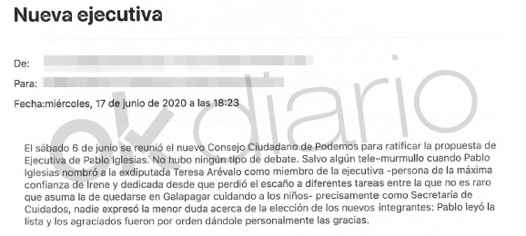 Email enviado internamente por un miembro de Podemos