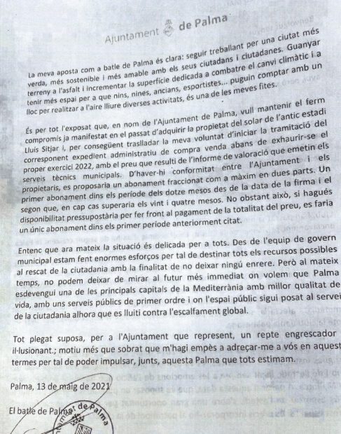 Hila pide al Mallorca que le venda sus acciones del Lluís Sitjar en favor de la «Agenda 2030» y del «cambio climático»