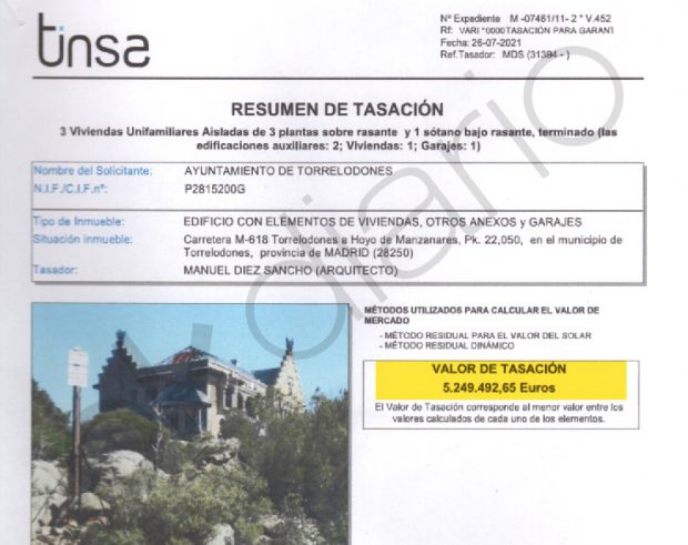Tasación del Palacio del Canto del Pico encargada por el Ayuntamiento de Torrelodones. 