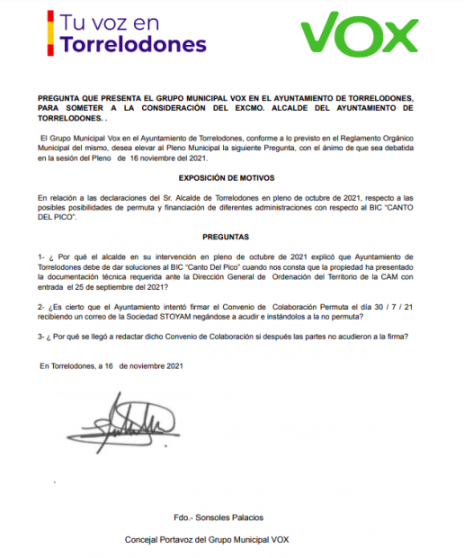 Preguntas de la concejal de VOX Sonsoles Palacios al alcalde de Torrelodones. 