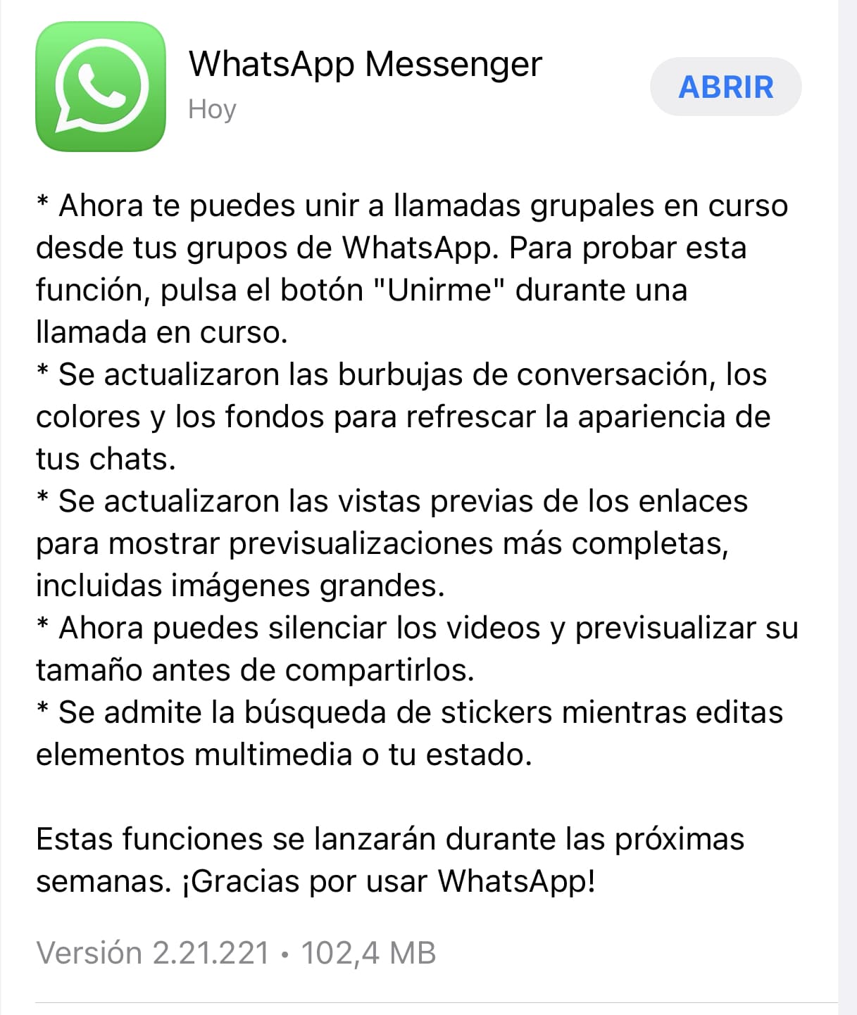 Actualiza ahora WhatsApp para beneficiarte de todas sus novedades
