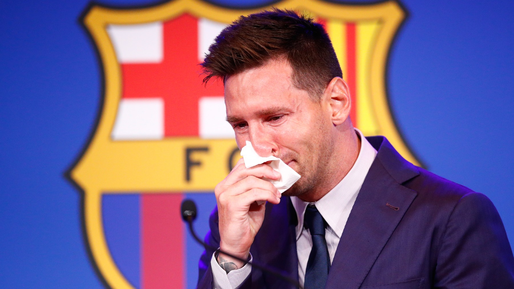 Leo Messi, durante el acto de despedida del FC Barcelona (Getty).
