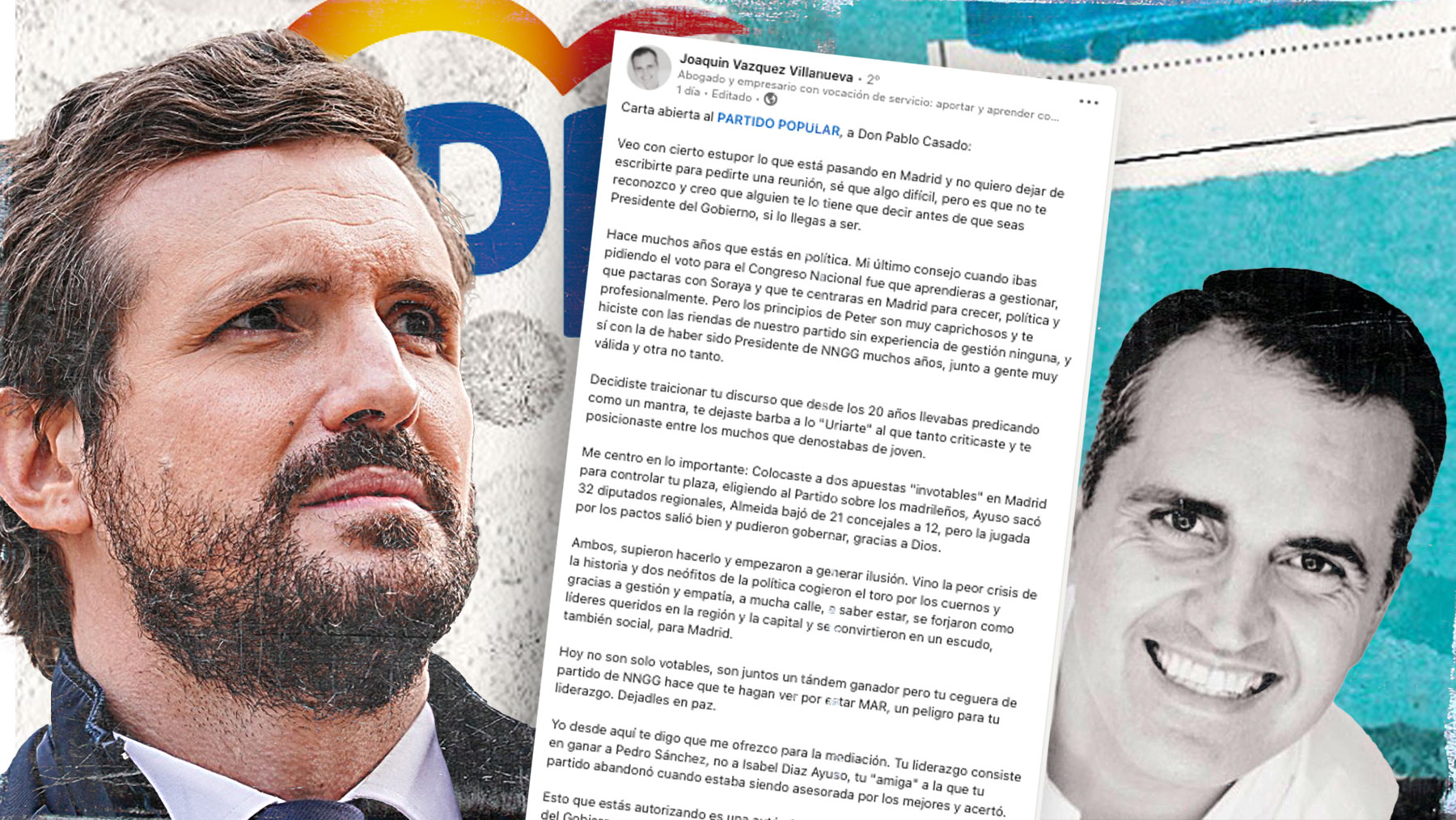 El líder del PP, Pablo Casado, y la carta del ex afiliado Joaquín Vázquez.