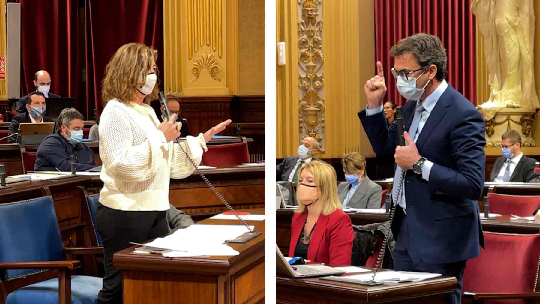 La presidenta del Govern, Francina Armengol, y el portavoz parlamentario del PP de Baleares, Toni Costa, en el pleno del Parlament.