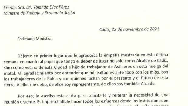 La carta del alcalde de Cádiz a la ministra de Trabajo