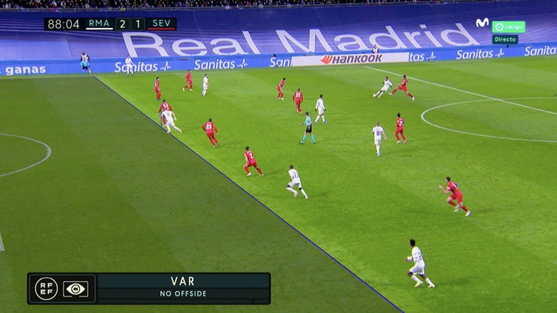 Imagen VAR del segundo gol del Real Madrid ante el Sevilla demostrando que Vinicius no estaba en fuera de juego.