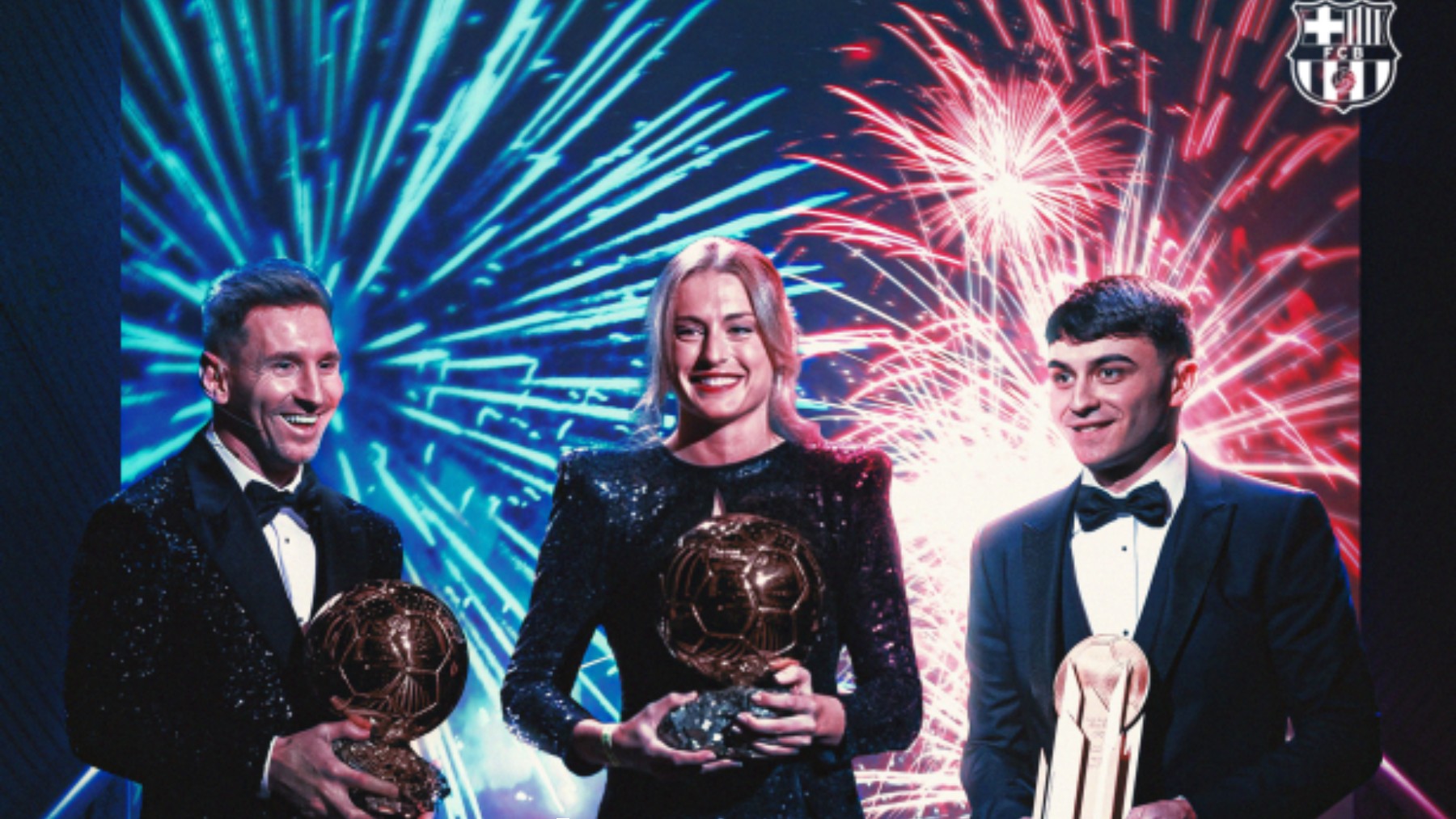 Fotomontaje del Barça para presumir de Messi, Alexia Putellas y Pedri en la gala del Balón de Oro. (@fcbarcelonaes)