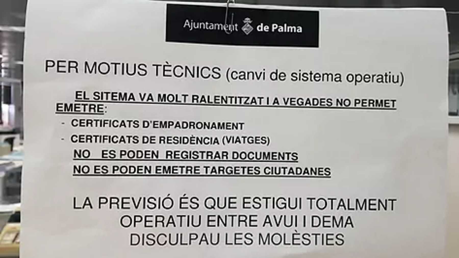 Notificación de una incidencia técnica en el sistema informático del Ayuntamiento de Palma.