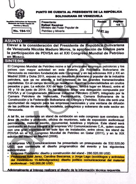 Contrato firmado por Nicolás Maduro en octubre de 2013 por el cual pagó 142.000 dólares (122.673 euros) a tres miembros de Podemos: Carolina Bescansa, Jorge Lago y Ariel Jerez.