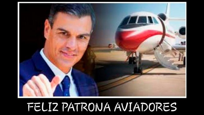 Pilotos españoles simulan a Pedro Sánchez felicitando a su patrona al lado del Falcon