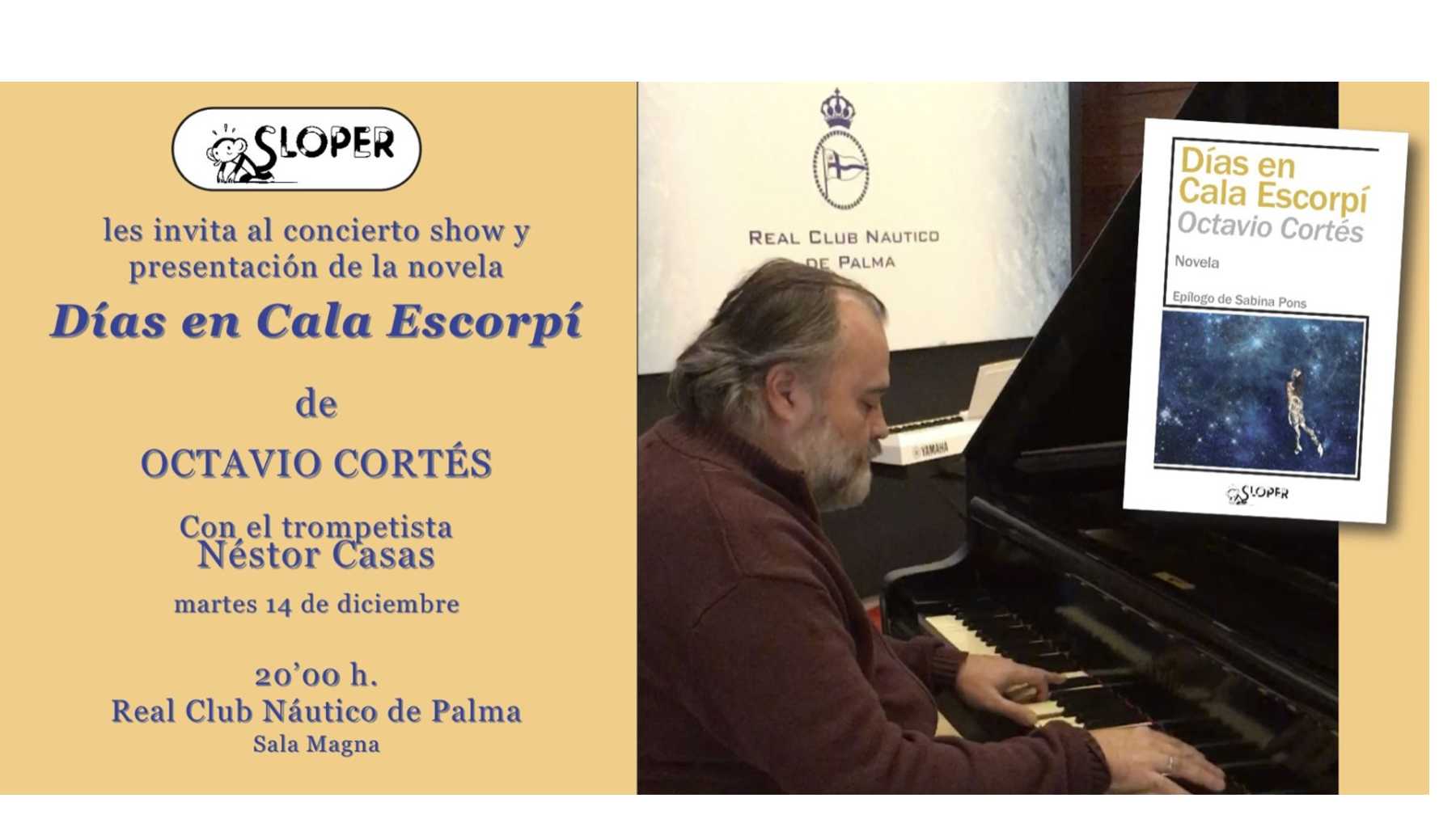 Octavio Cortés con su piano y su nuevo libro.