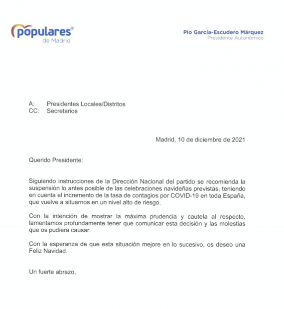 Primera carta del PP de Madrid recomendando que no se celebren las cenas de Navidad.