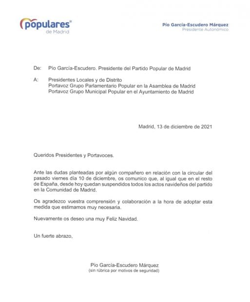 Carta del PP de Madrid prohibiendo las cenas de Navidad.