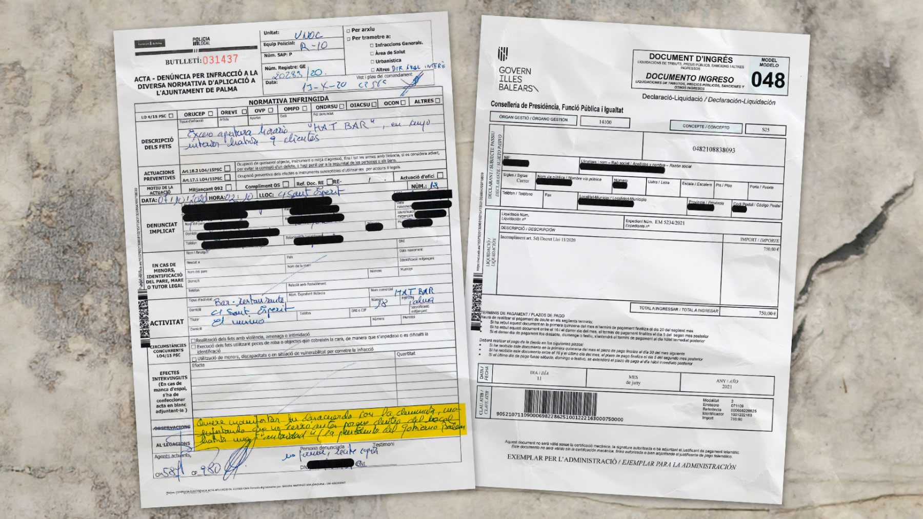 Dos documentos del expediente sobre el caso Hat Bar.