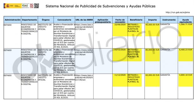 Ayudas públicas del Gobierno a Industrias Plásticas Playbol SL (III).