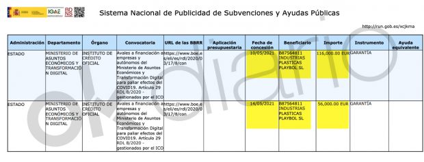 Ayudas públicas del Gobierno a Industrias Plásticas Playbol SL (IV).