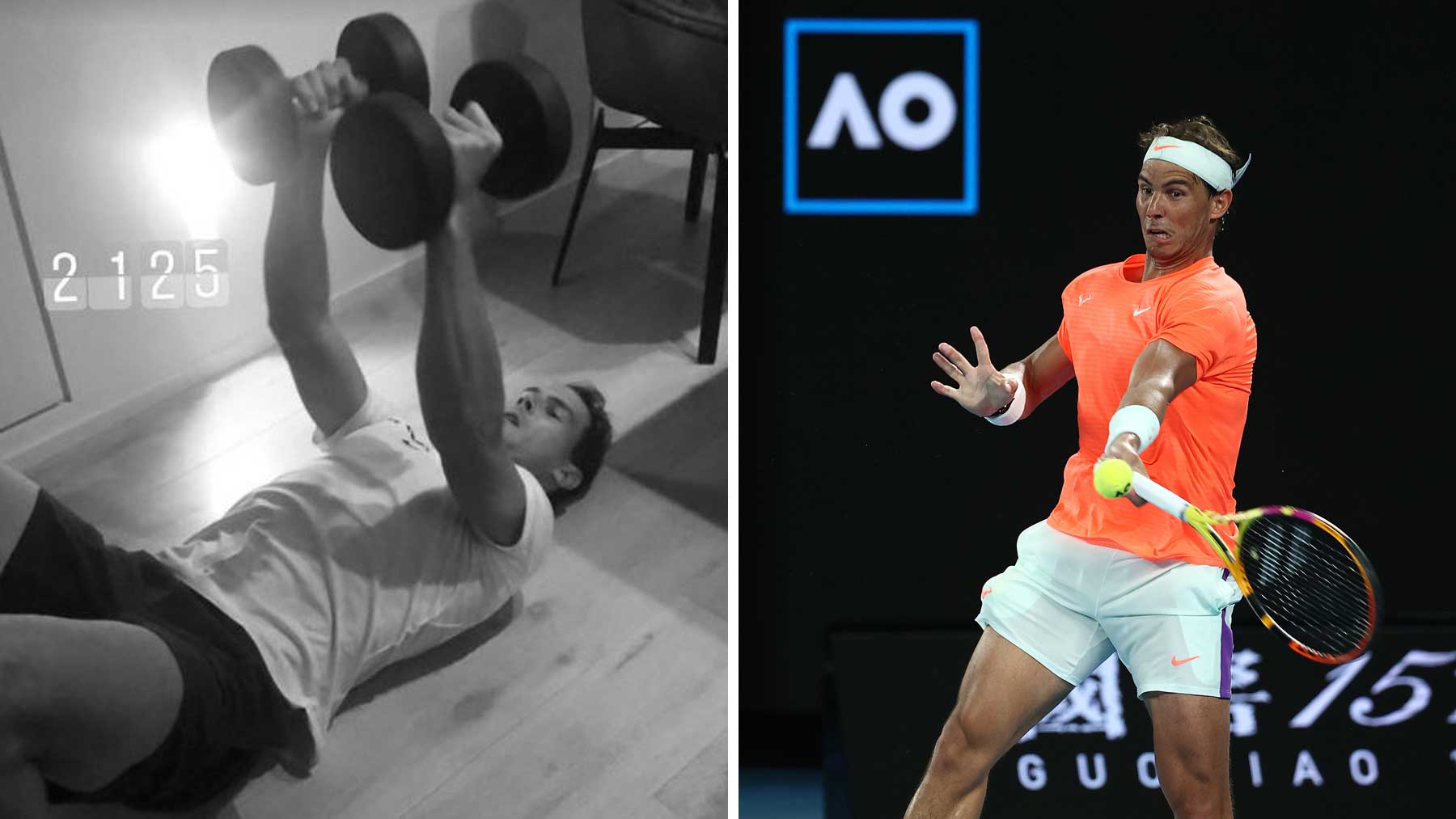 A la izquierda, imagen compartida por Rafa Nadal en redes sociales; a la derecha, el tenista español en la última edición del Open de Australia (Getty)