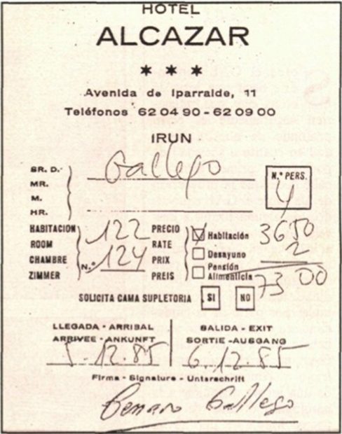 En otros hoteles, como el Alcazar de Irún, Amedo también se hospedó como Genaro Gallego. 