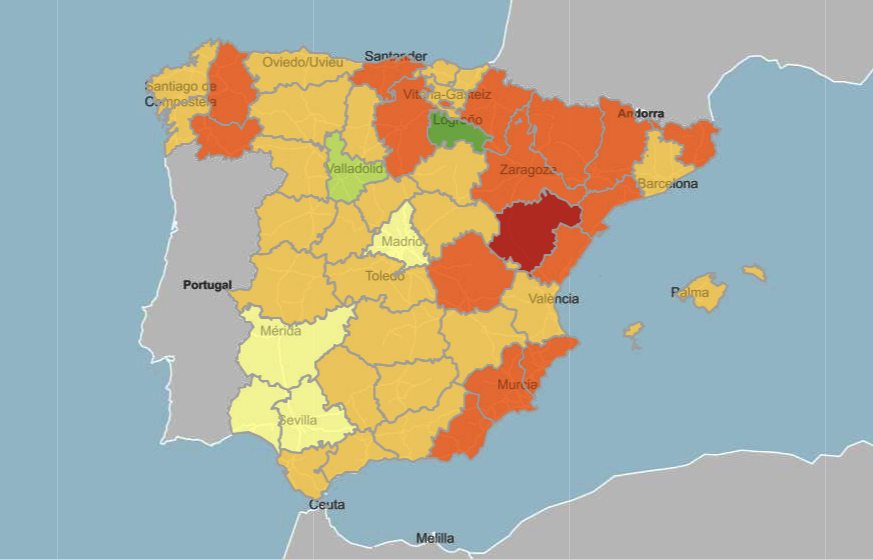 Mapa de España con la razón de tasas.