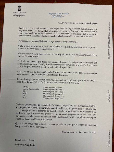 Carta de la alcaldesa socialista de Ciempozuelos a los grupos municipales.