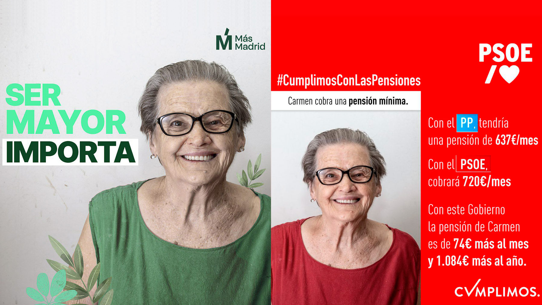Cartel del PSOE con la anciana ‘fake’ y uno anterior de Más Madrid.
