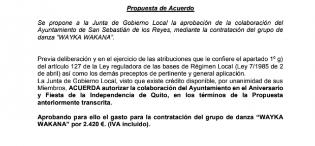 Acuerdo de la Junta de Gobierno de San Sebastián de los Reyes.