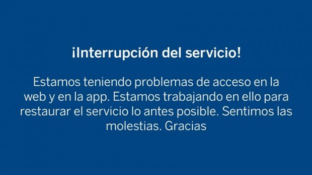 Mensaje de BBVA ante la interrupción de su servicio.