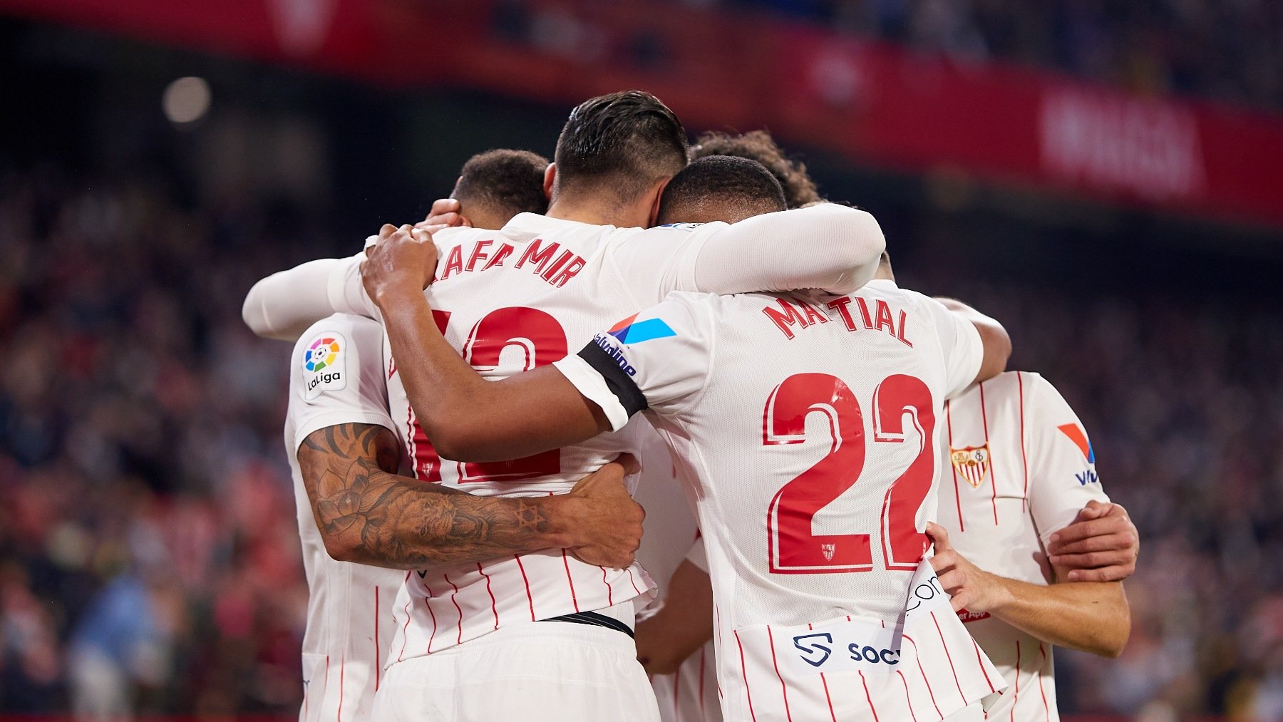 El Sevilla celebra uno de sus goles en el Pizjuán. (Getty)