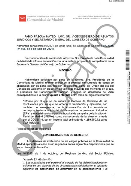 Un informe jurídico de la Comunidad de Madrid concluye que Ayuso «no cometió infracción alguna»