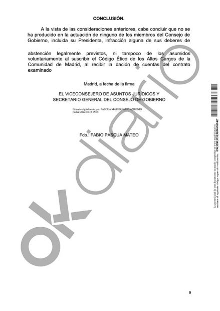 Un informe jurídico de la Comunidad de Madrid concluye que Ayuso «no cometió infracción alguna»