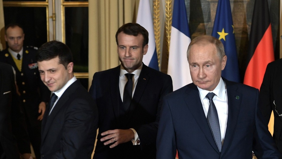 Los presidentes de Ucrania, Francia y Rusia.