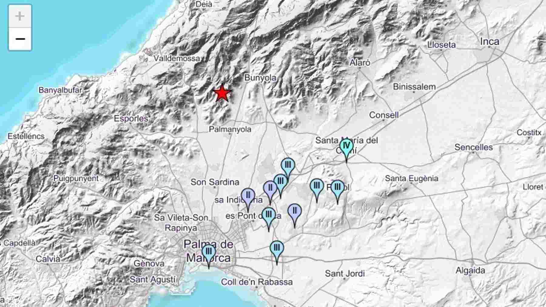 Terremoto registrado en Bunyola este martes y zonas en las que se ha sentido. IGN