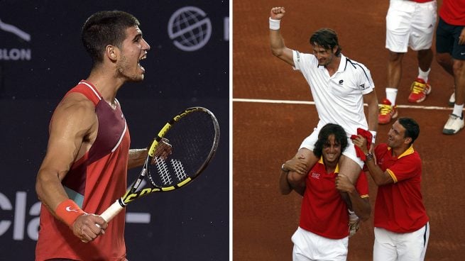 Alcaraz celebra su victoria en Río; Ferrero, a hombros de Feliciano, al término de la eliminatoria de la Copa Davis en Marbella en 2009